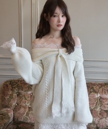 オフショルダーレースリボンラメニット
