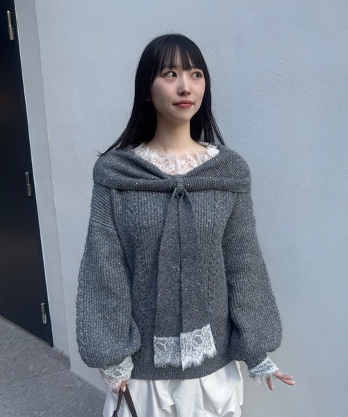 mellowneon(メロウネオン)の「オフショルダーレースリボンラメニット(ニット/セーター・レディース・ピンク系その他/アイボリー/グレー・FREE)」の11枚目の写真