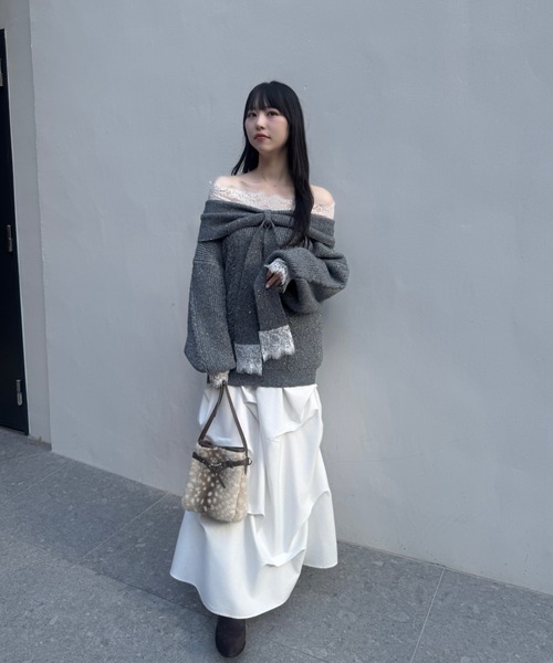 mellowneon(メロウネオン)の「オフショルダーレースリボンラメニット(ニット/セーター・レディース・ピンク系その他/アイボリー/グレー・FREE)」の9枚目の写真
