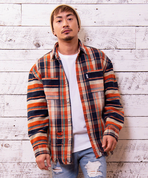 #Re:room(リルーム)の「ヴィンテージスウィッチチェック ビッグフランネルシャツ(シャツ/ブラウス・メンズ・ネイビー/イエロー/オレンジ/グリーン・SMALL/MEDIUM)」の4枚目の写真