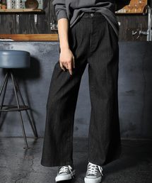 タック入りハイウエストストレッチデニムワイドパンツ
