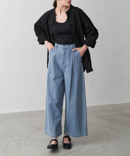 タック入りハイウエストストレッチデニムワイドパンツ（デニム