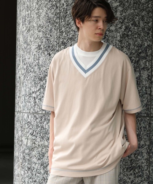 JUNRED（ジュンレッド）の「リブラインカラーチルデンTEE（Tシャツ/カットソー・メンズ・ホワイト/ベージュ・S/M/L）」の2枚目の写真