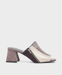 クロックエフェクト ジッパーフレアヒールスライドサンダル / Croc-Effect Zipper Flare Heeled Slide Sandals