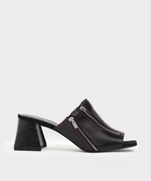 クロックエフェクト ジッパーフレアヒールスライドサンダル / Croc-Effect Zipper Flare Heeled Slide Sandals