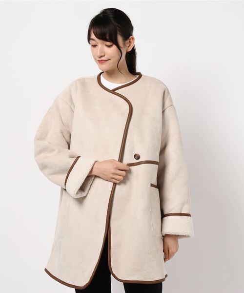 KOBE LETTUCE(コウベレタス)の「スウェード×ボアフェイクムートンパイピングコート(ムートンコート・レディース・アイボリー/キャメル・FREE)」の6枚目の写真