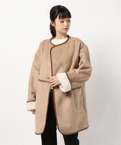 KOBE LETTUCE(コウベレタス)の「スウェード×ボアフェイクムートンパイピングコート(ムートンコート・レディース・アイボリー/キャメル・FREE)」の7枚目の写真