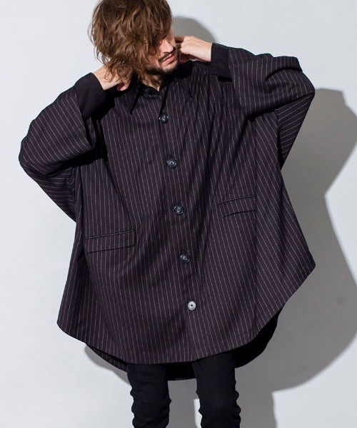NO ID.（ノーアイディ）の「mj7724-オーバーロングコート（ポンチョ・メンズ・ブラック/ストライプ/チェック・ONE SIZE）」の2枚目の写真