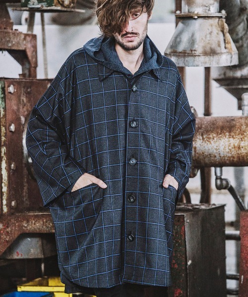 NO ID.（ノーアイディ）の「mj7724-オーバーロングコート（ポンチョ・メンズ・ブラック/ストライプ/チェック・ONE SIZE）」の10枚目の写真