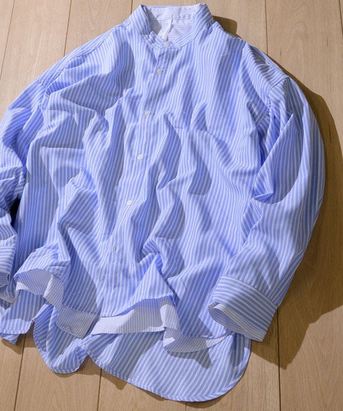 JOHN'S CLOSET(ジョンズクローゼット)の「【i】フェイクレイヤード バンドカラー長袖ストライプシャツ(シャツ/ブラウス・メンズ・ブラック/ベージュ/サックスブルー・MEDIUM/X-LARGE/LARGE)」の3枚目の写真
