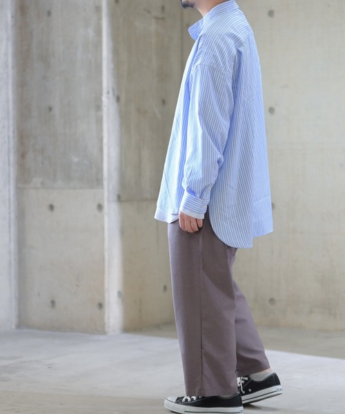 JOHN'S CLOSET(ジョンズクローゼット)の「【i】フェイクレイヤード バンドカラー長袖ストライプシャツ(シャツ/ブラウス・メンズ・ブラック/ベージュ/サックスブルー・MEDIUM/X-LARGE/LARGE)」の11枚目の写真
