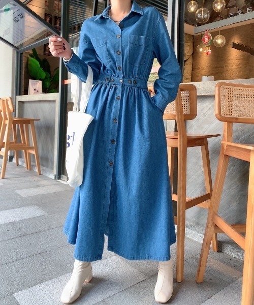 【期間限定】 セール】マキシ丈Aラインデニムシャツワンピース（ワンピース ワンピース