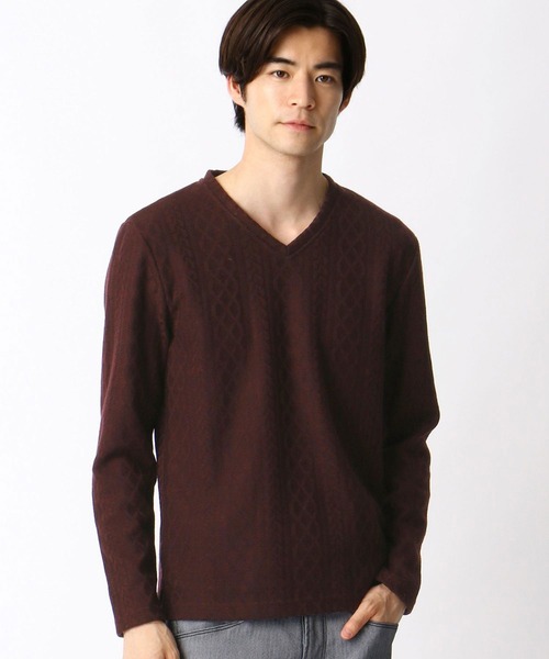 NICOLE CLUB FOR MEN（ニコルクラブフォーメン）の「【21年モデル】アランニットボンディングＶネックプルオーバー（Tシャツ/カットソー・メンズ・ブラック/ボルドー/モカ/ホワイト×ブラック/オフホワイト・LL/L/M）」の6枚目の写真