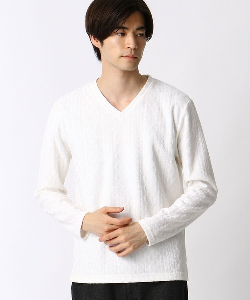 NICOLE CLUB FOR MEN（ニコルクラブフォーメン）の「【21年モデル】アランニットボンディングＶネックプルオーバー（Tシャツ/カットソー・メンズ・ブラック/ボルドー/モカ/ホワイト×ブラック/オフホワイト・LL/L/M）」の7枚目の写真