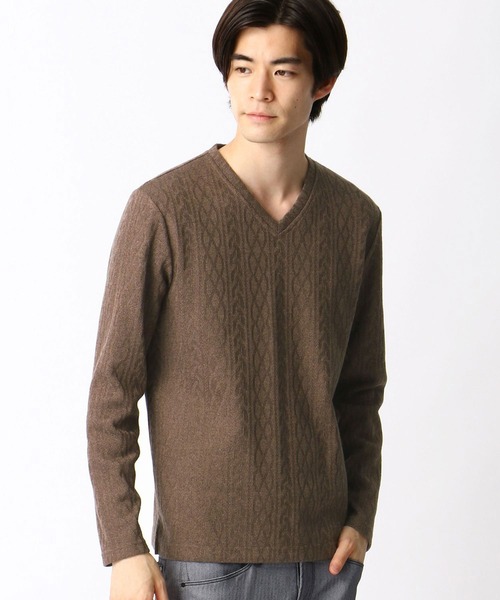 NICOLE CLUB FOR MEN（ニコルクラブフォーメン）の「【21年モデル】アランニットボンディングＶネックプルオーバー（Tシャツ/カットソー・メンズ・ブラック/ボルドー/モカ/ホワイト×ブラック/オフホワイト・LL/L/M）」の8枚目の写真