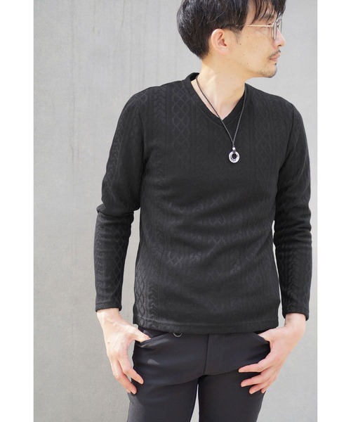 NICOLE CLUB FOR MEN（ニコルクラブフォーメン）の「【21年モデル】アランニットボンディングＶネックプルオーバー（Tシャツ/カットソー・メンズ・ブラック/ボルドー/モカ/ホワイト×ブラック/オフホワイト・LL/L/M）」の22枚目の写真