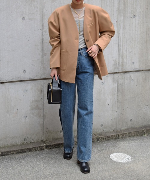 Marient（マリエント）の「マーレノーカラーJK（ノーカラージャケット・レディース・ネイビー/ベージュ・FREE）」の4枚目の写真