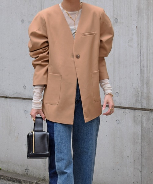 Marient（マリエント）の「マーレノーカラーJK（ノーカラージャケット・レディース・ネイビー/ベージュ・FREE）」の5枚目の写真