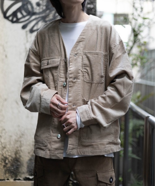 NYLAUS（ナイラス）の「太畝コーデュロイ ノーカラー カバーオールジャケット（カバーオール・メンズ・ブラック/カーキ/アイボリー/ブラウン・LL/M/L）」の2枚目の写真