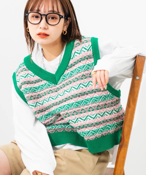 nemne store(ネンネストア)の「2wayジャガードニットベスト(ベスト・レディース・ホワイト系その他/グリーン系その他/パープル系その他・フリー)」の2枚目の写真