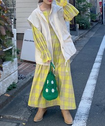 w closet | 先染めチェックウエスト切替スクエアネックワンピース(ワンピース)