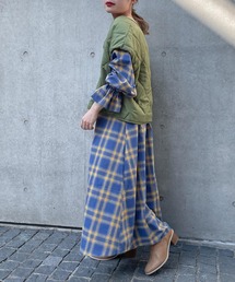 w closet | 先染めチェックウエスト切替スクエアネックワンピース(ワンピース)