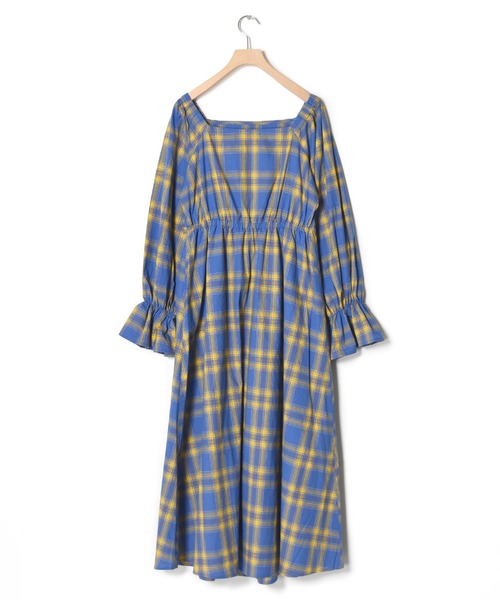 w closet(ダブルクローゼット)の「先染めチェックウエスト切替スクエアネックワンピース(ワンピース・レディース・イエロー/ブルー・FREE)」の5枚目の写真