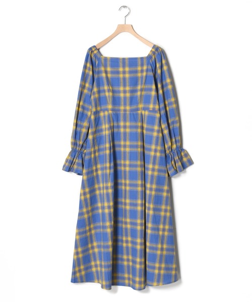 w closet(ダブルクローゼット)の「先染めチェックウエスト切替スクエアネックワンピース(ワンピース・レディース・イエロー/ブルー・FREE)」の15枚目の写真