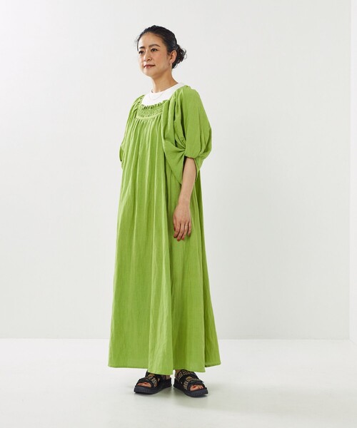 美品 Freada インドストライプバード刺繍ワンピース　グリーン 新品Freada インドストライプバード刺繍ワンピースグリーン