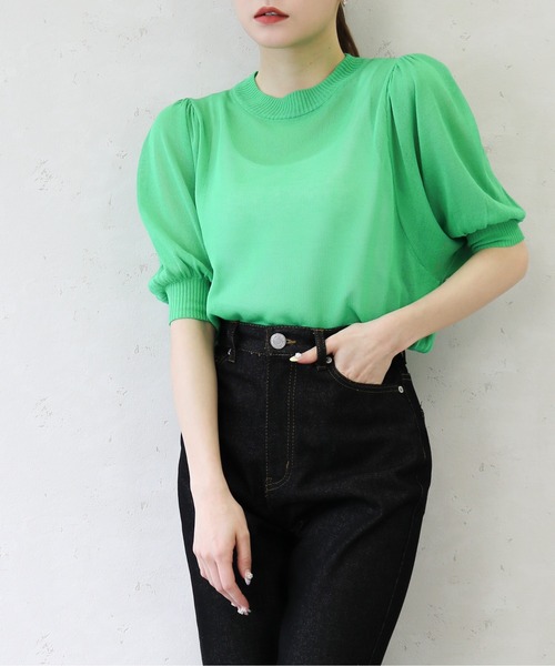 Per sist ence(パーシエンス)の「Per sist ence/パーシエンス 麻タッチ12G シアーボリュームスリーブプルオーバー(Tシャツ/カットソー・レディース・ブルー/アイボリー/グリーン/ブラック・FREE)」の4枚目の写真