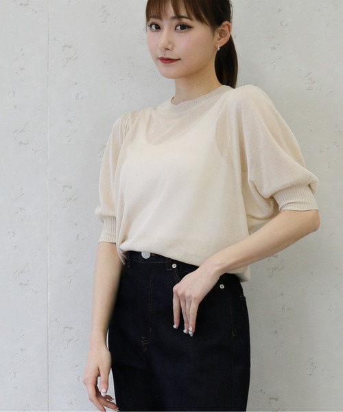 Per sist ence(パーシエンス)の「Per sist ence/パーシエンス 麻タッチ12G シアーボリュームスリーブプルオーバー(Tシャツ/カットソー・レディース・ブルー/アイボリー/グリーン/ブラック・FREE)」の2枚目の写真