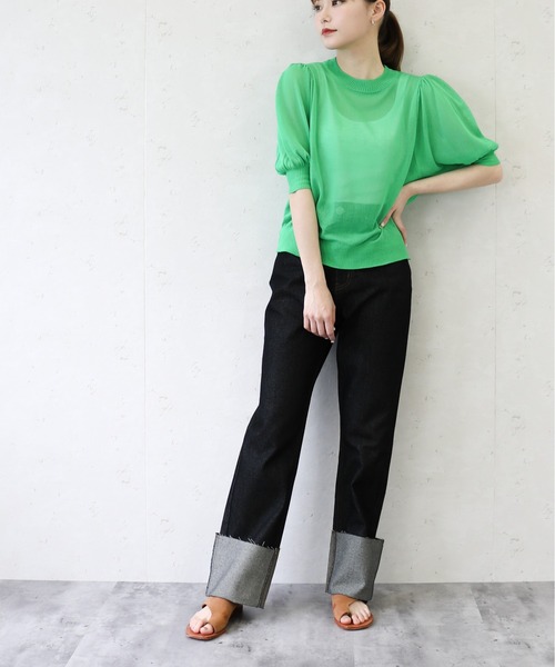 Per sist ence(パーシエンス)の「Per sist ence/パーシエンス 麻タッチ12G シアーボリュームスリーブプルオーバー(Tシャツ/カットソー・レディース・ブルー/アイボリー/グリーン/ブラック・FREE)」の9枚目の写真