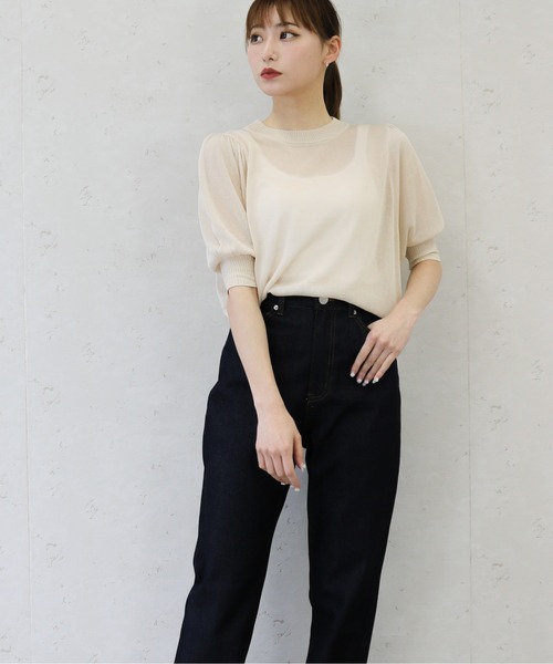 Per sist ence(パーシエンス)の「Per sist ence/パーシエンス 麻タッチ12G シアーボリュームスリーブプルオーバー(Tシャツ/カットソー・レディース・ブルー/アイボリー/グリーン/ブラック・FREE)」の5枚目の写真