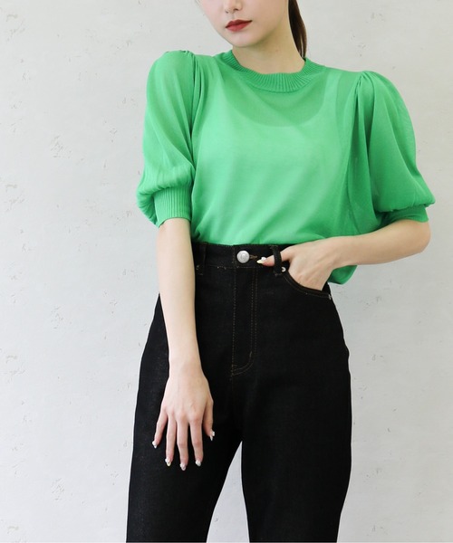 Per sist ence(パーシエンス)の「Per sist ence/パーシエンス 麻タッチ12G シアーボリュームスリーブプルオーバー(Tシャツ/カットソー・レディース・ブルー/アイボリー/グリーン/ブラック・FREE)」の10枚目の写真