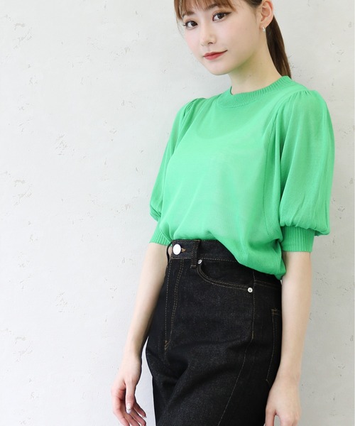Per sist ence(パーシエンス)の「Per sist ence/パーシエンス 麻タッチ12G シアーボリュームスリーブプルオーバー(Tシャツ/カットソー・レディース・ブルー/アイボリー/グリーン/ブラック・FREE)」の8枚目の写真