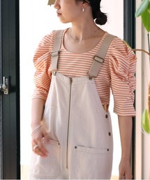 ギャザーパフスリーブ ボーダーＴｅｅ