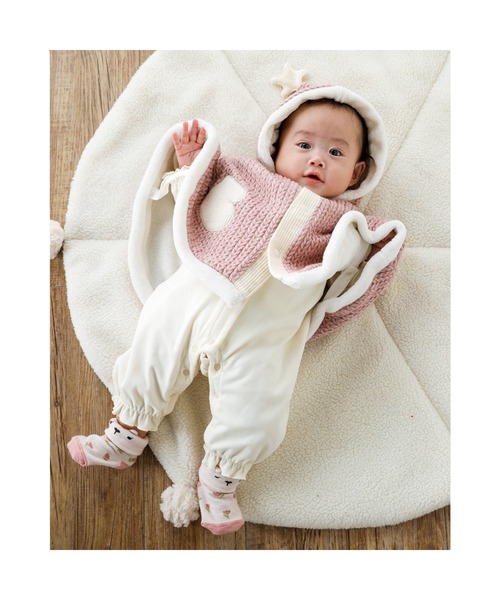 SLAP SLIP BABY(スラップスリップベビー)の「SLAPSLIPBABY/手袋パッチ星モチーフケーブル編み裏ボアマントベビー(50~90cm)(ポンチョ・キッズ・ピンク/オフホワイト・ONESIZE)」の12枚目の写真