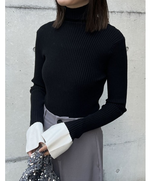 Re:EDIT（リエディ）の「[2025AW COLLECTION][販売枚数3.4万枚突破！][華奢見えが叶う]フレアスリーブハイネックリブニットトップス（ニット/セーター・レディース・ブラック/ベージュ/オレンジ/グリーン/アイボリー/モカ/ホワイト系その他/ダークブラウン/グリーン系その他/ブルー/チャコールグレー/キャメル/ブラック系その他/カーキ/レッド系その他/ベージュ系その他/グリーン系/ラベンダー・MEDIUM/LARGE）」の4枚目の写真