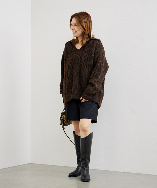 Oldderby Knitwear(オールダービーニットウェア)の「【Oldderby Knitwear/オールドダービーニットウェア】スキッパーアランニット(ニット/セーター・レディース・ネイビー/ブラウン・38)」の11枚目の写真