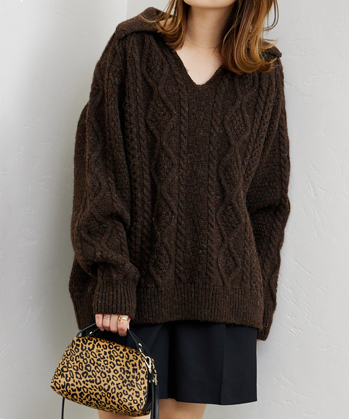 Oldderby Knitwear(オールダービーニットウェア)の「【Oldderby Knitwear/オールドダービーニットウェア】スキッパーアランニット(ニット/セーター・レディース・ネイビー/ブラウン・38)」の13枚目の写真