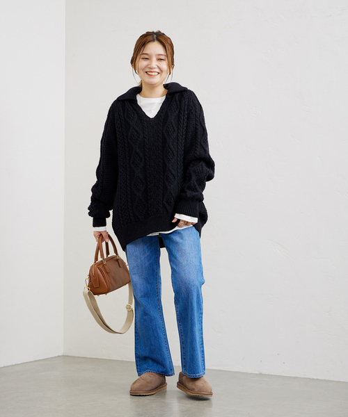 Oldderby Knitwear(オールダービーニットウェア)の「【Oldderby Knitwear/オールドダービーニットウェア】スキッパーアランニット(ニット/セーター・レディース・ネイビー/ブラウン・38)」の3枚目の写真