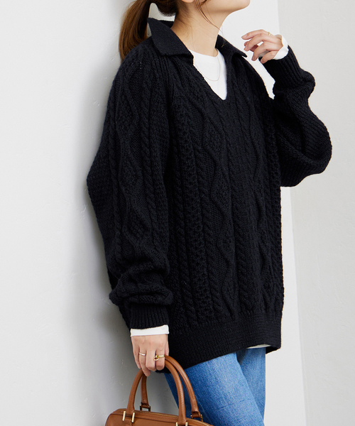 Oldderby Knitwear(オールダービーニットウェア)の「【Oldderby Knitwear/オールドダービーニットウェア】スキッパーアランニット(ニット/セーター・レディース・ネイビー/ブラウン・38)」の20枚目の写真