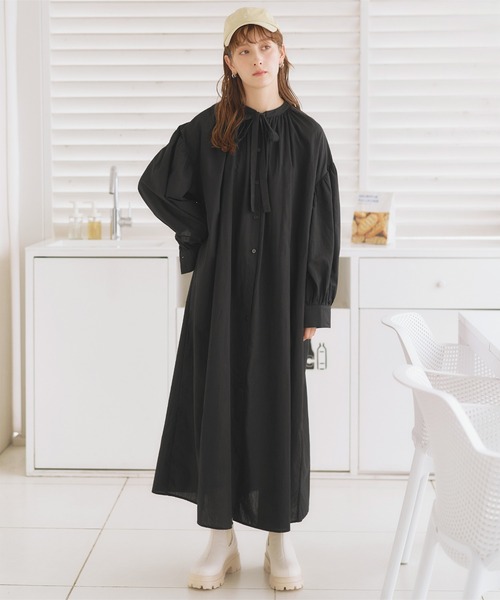 titivate（ティティベイト）の「ﾎﾞｳﾀｲﾘﾎﾞﾝﾎﾞﾘｭｰﾑｼｬﾂﾜﾝﾋﾟｰｽ（シャツワンピース・レディース・ラベンダー/オフホワイト/ブラック・S/M）」の9枚目の写真