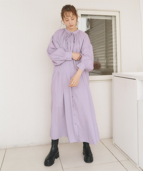 titivate（ティティベイト）の「ﾎﾞｳﾀｲﾘﾎﾞﾝﾎﾞﾘｭｰﾑｼｬﾂﾜﾝﾋﾟｰｽ（シャツワンピース・レディース・ラベンダー/オフホワイト/ブラック・S/M）」の12枚目の写真