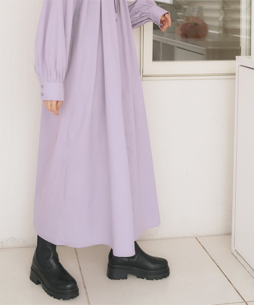 titivate（ティティベイト）の「ﾎﾞｳﾀｲﾘﾎﾞﾝﾎﾞﾘｭｰﾑｼｬﾂﾜﾝﾋﾟｰｽ（シャツワンピース・レディース・ラベンダー/オフホワイト/ブラック・S/M）」の13枚目の写真