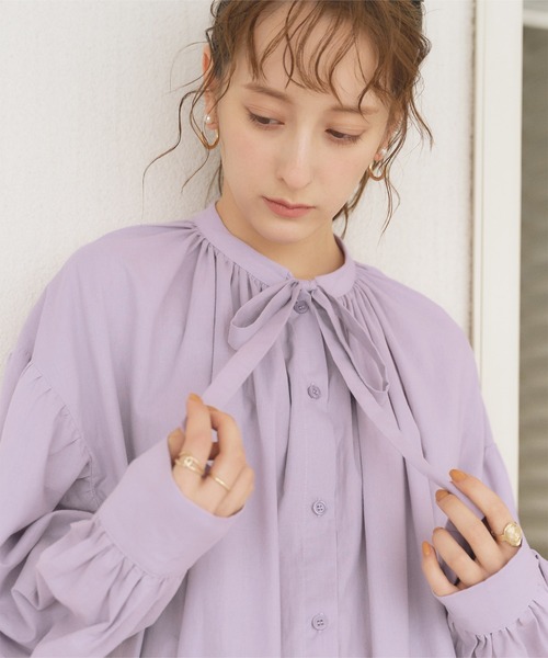 titivate（ティティベイト）の「ﾎﾞｳﾀｲﾘﾎﾞﾝﾎﾞﾘｭｰﾑｼｬﾂﾜﾝﾋﾟｰｽ（シャツワンピース・レディース・ラベンダー/オフホワイト/ブラック・S/M）」の14枚目の写真