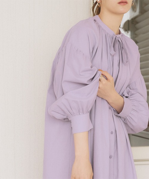 titivate（ティティベイト）の「ﾎﾞｳﾀｲﾘﾎﾞﾝﾎﾞﾘｭｰﾑｼｬﾂﾜﾝﾋﾟｰｽ（シャツワンピース・レディース・ラベンダー/オフホワイト/ブラック・S/M）」の15枚目の写真