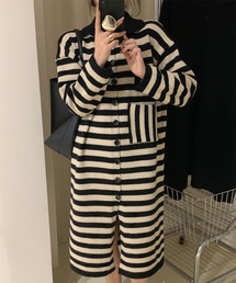ストライプボタン付きワンピース