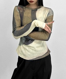 【LVEU.】ニュアンス柄シャーリングデザインシアートップス / トップス カットソー シャーリング ニュアンス シアー 長袖 カーキ ZOZOTOWN限定