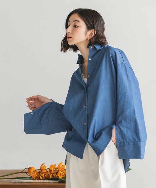 eL(エル)の「【eL】Big Cuffs Shirt/191205(シャツ/ブラウス・レディース・キナリ/ブルー/ブルー系その他/オフホワイト・FREE)」の1枚目の写真